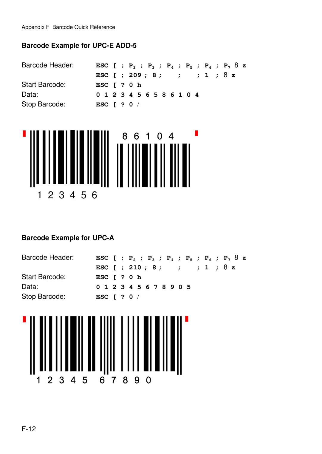 Epson C I - 4 0 8 0 user manual Barcode Example for UPC-E ADD-5 Barcode Header, Barcode Example for UPC-A Barcode Header 