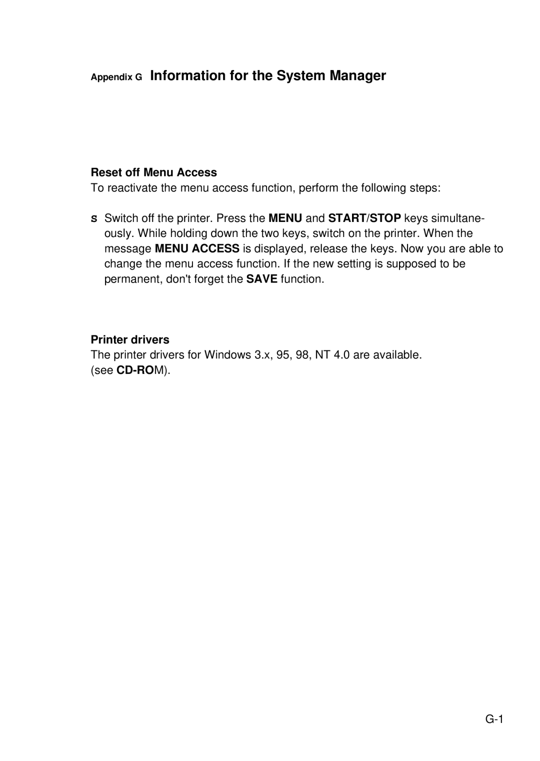 Epson C I - 4 0 8 0, C I - 4 0 7 0 Appendix G Information for the System Manager, Reset off Menu Access, Printer drivers 