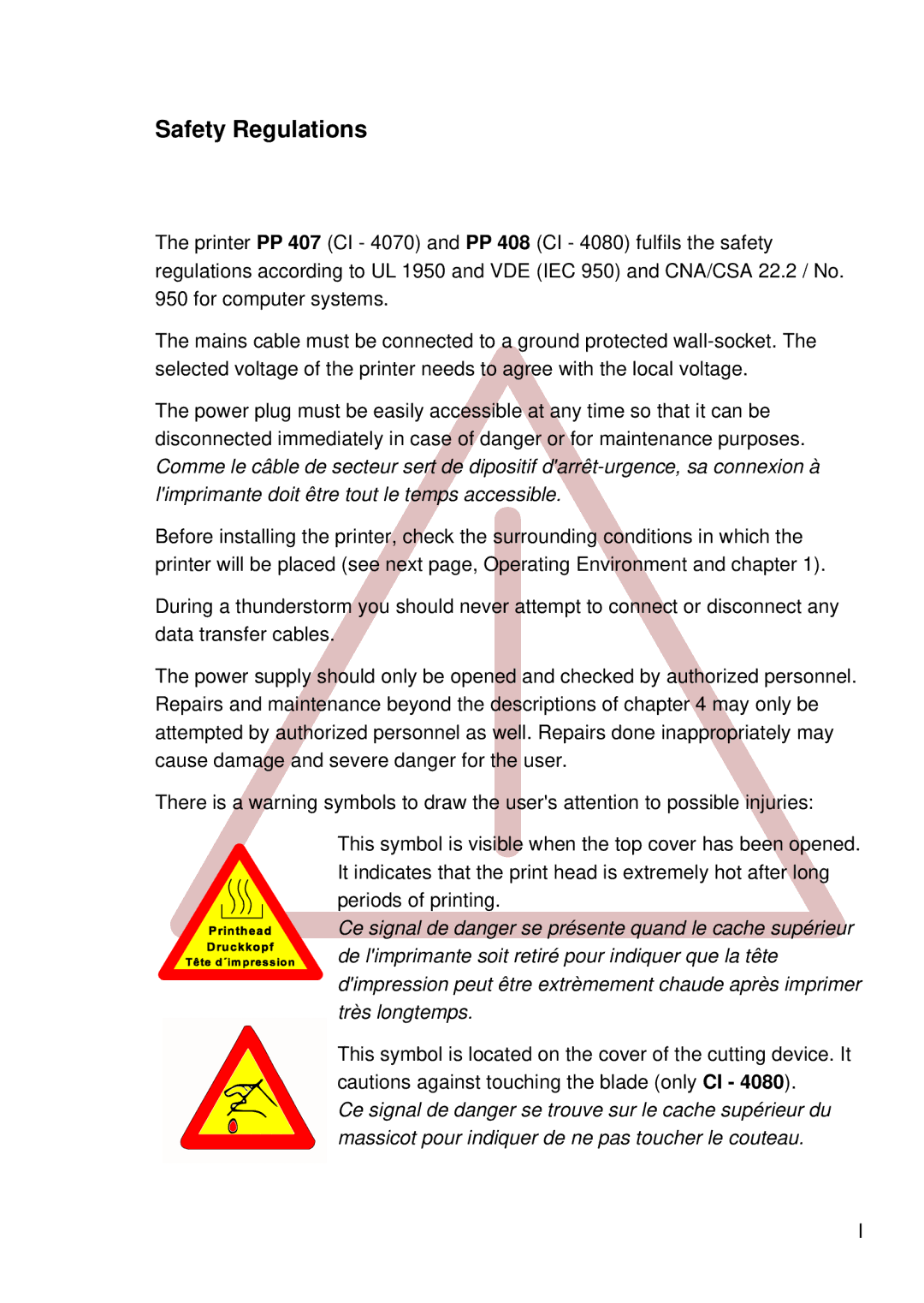 Epson C I - 4 0 8 0, C I - 4 0 7 0 user manual Safety Regulations 