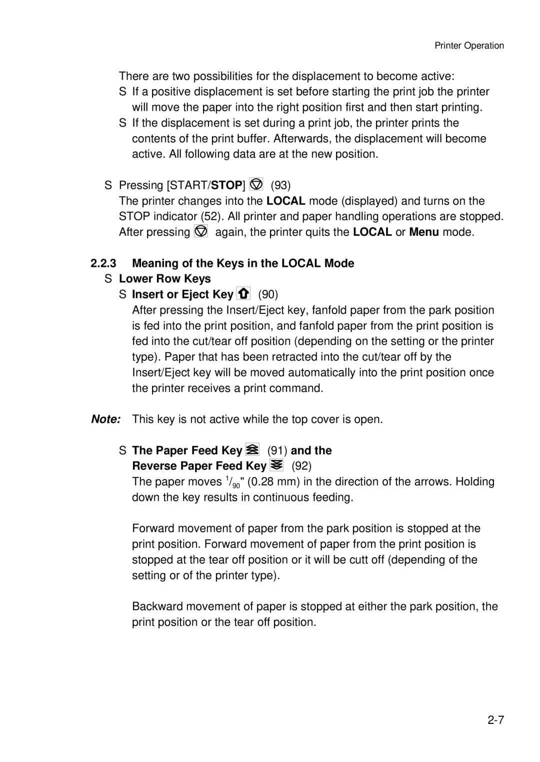 Epson C I - 4 0 8 0, C I - 4 0 7 0 user manual Paper Feed Key 91 Reverse Paper Feed Key 