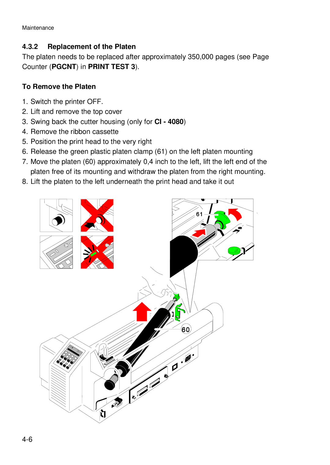 Epson C I - 4 0 8 0, C I - 4 0 7 0 user manual Replacement of the Platen, To Remove the Platen 