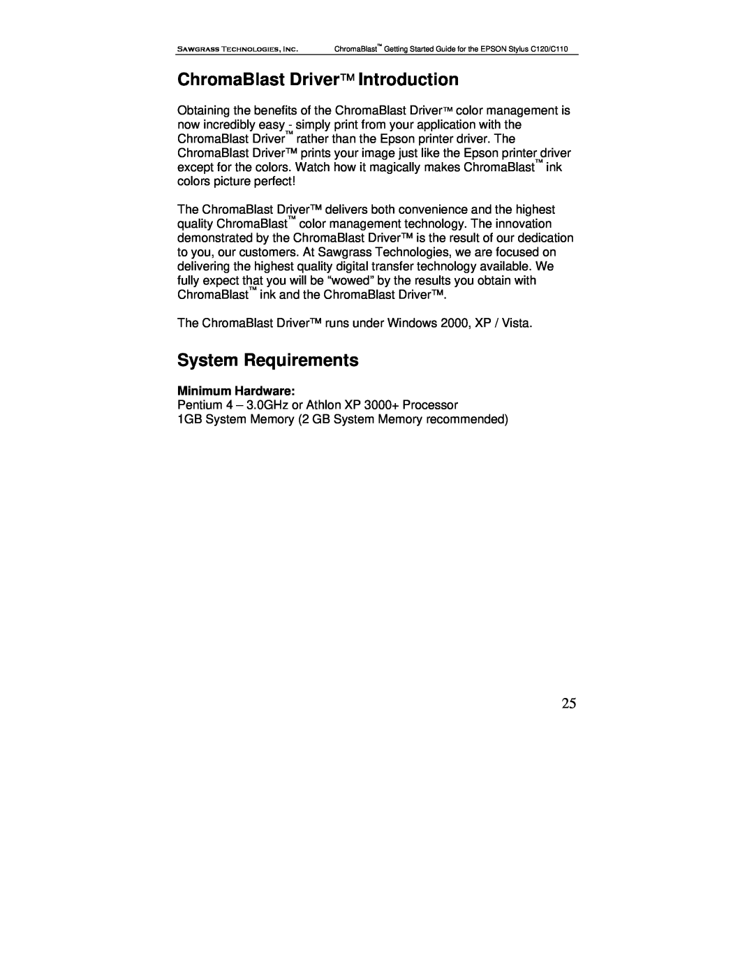 Epson C120, C110 manual ChromaBlast Driver Introduction, System Requirements, Minimum Hardware 