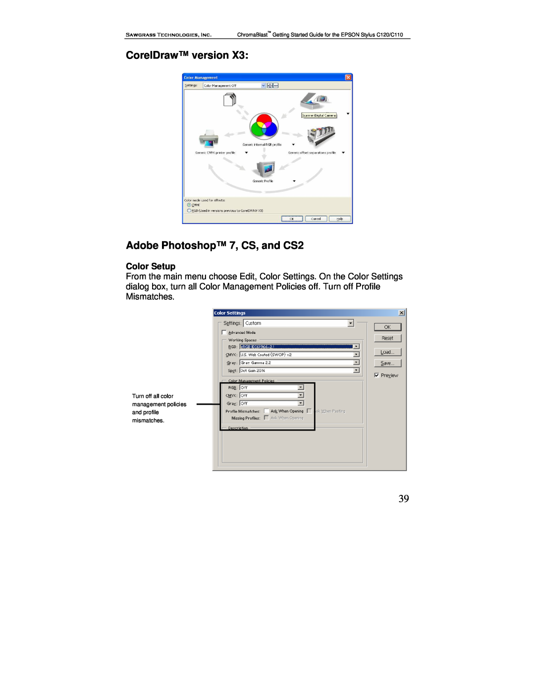 Epson C120, C110 manual CorelDraw version Adobe Photoshop 7, CS, and CS2, Color Setup 