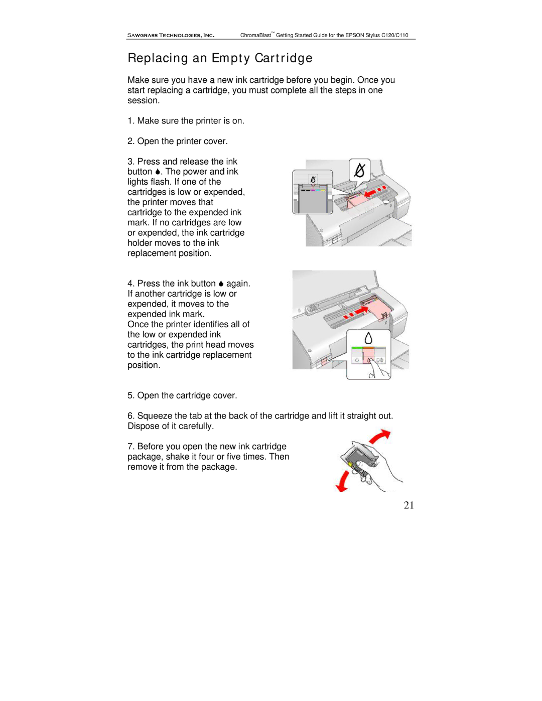 Epson C120, C110 manual Replacing an Empty Cartridge 