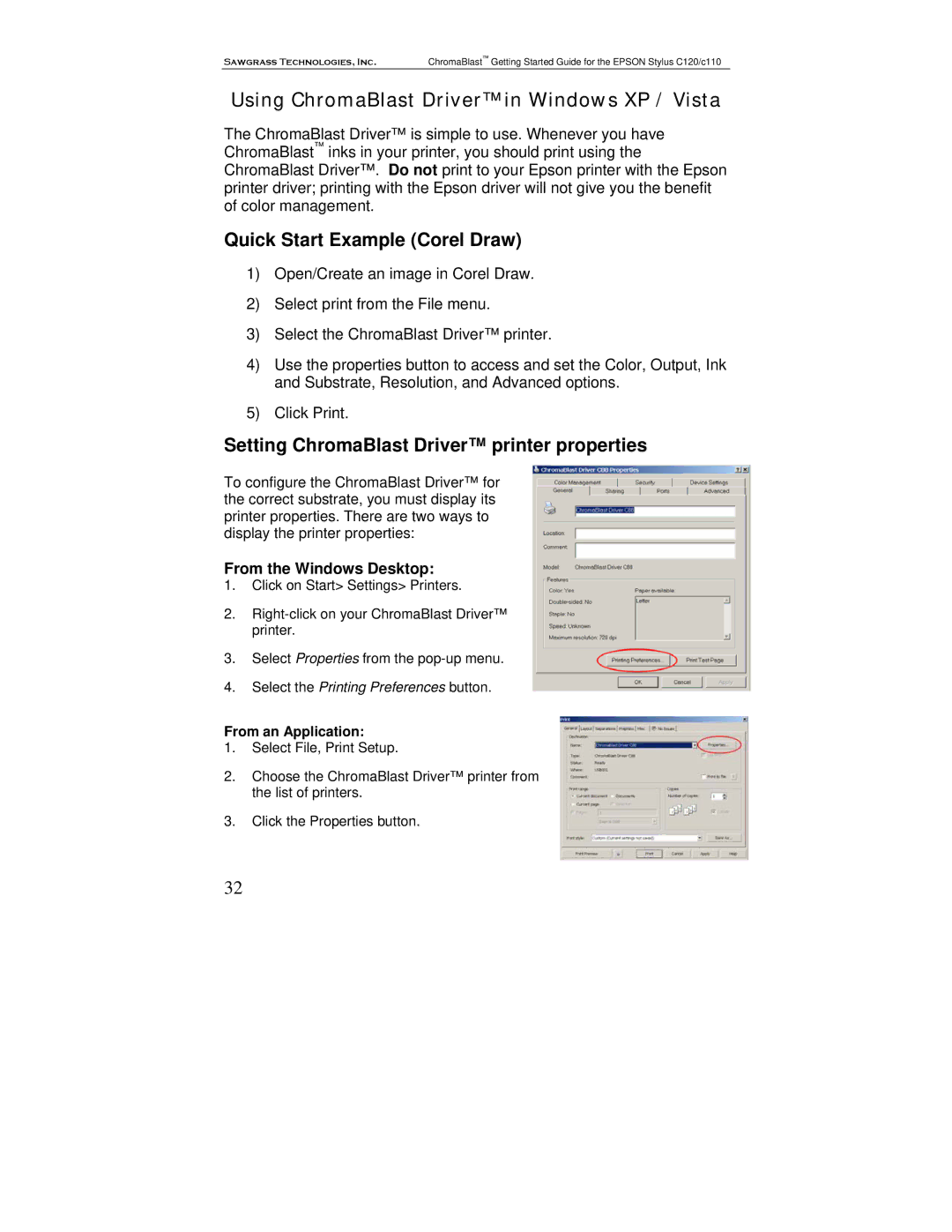 Epson C110, C120 Quick Start Example Corel Draw, Setting ChromaBlast Driver printer properties, From the Windows Desktop 