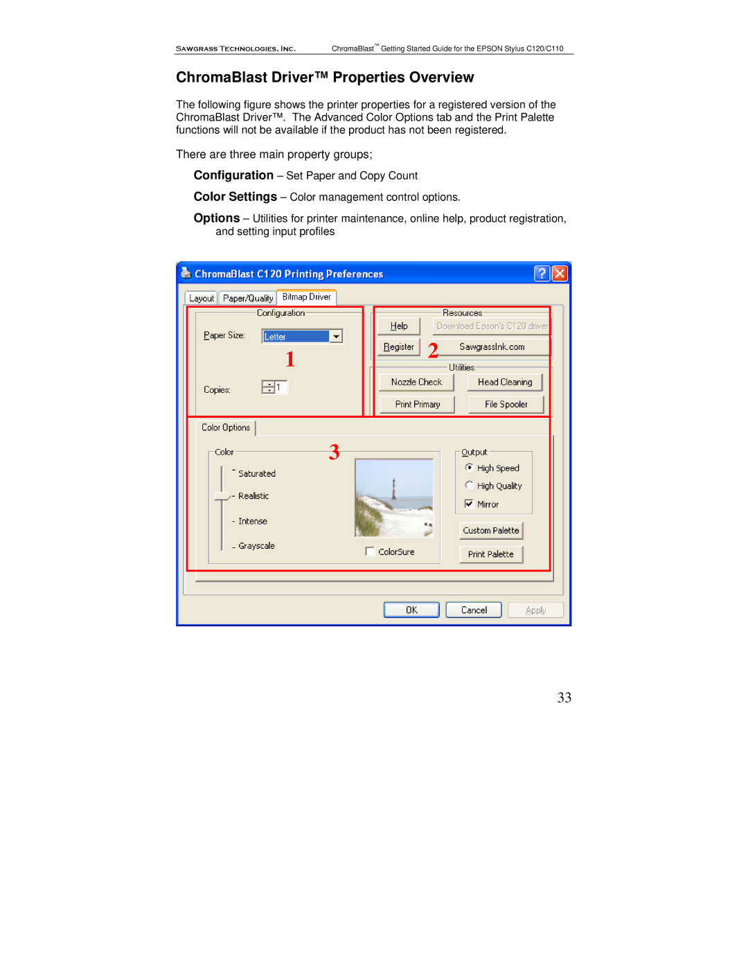 Epson C120, C110 manual ChromaBlast Driver Properties Overview, There are three main property groups 