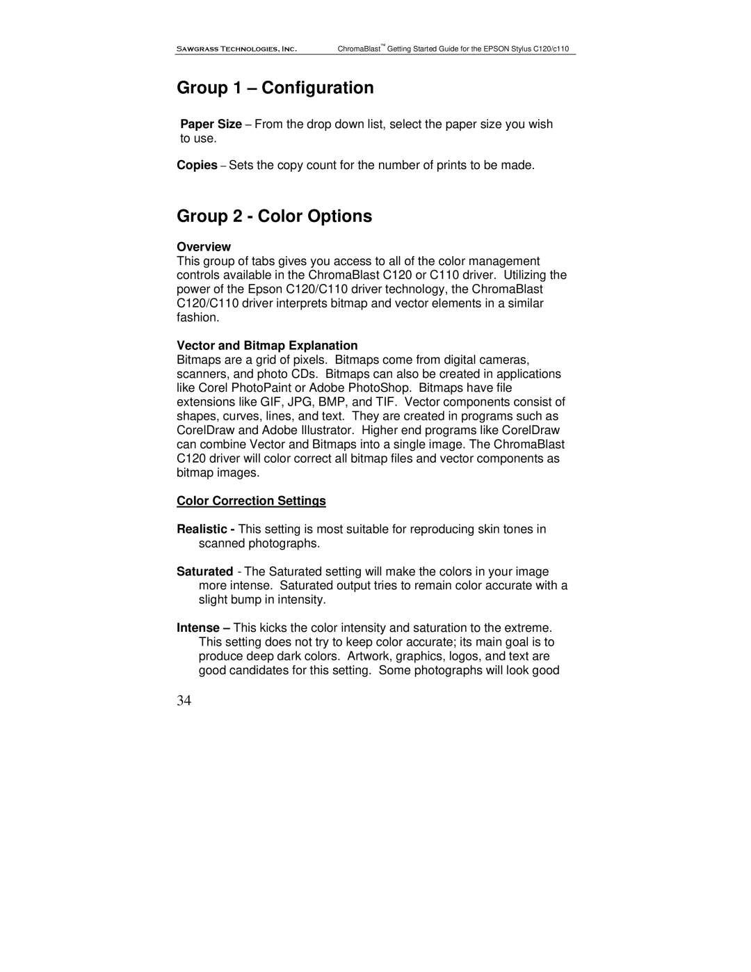 Epson C110, C120 manual Group 1 Configuration, Group 2 Color Options, Overview, Vector and Bitmap Explanation 