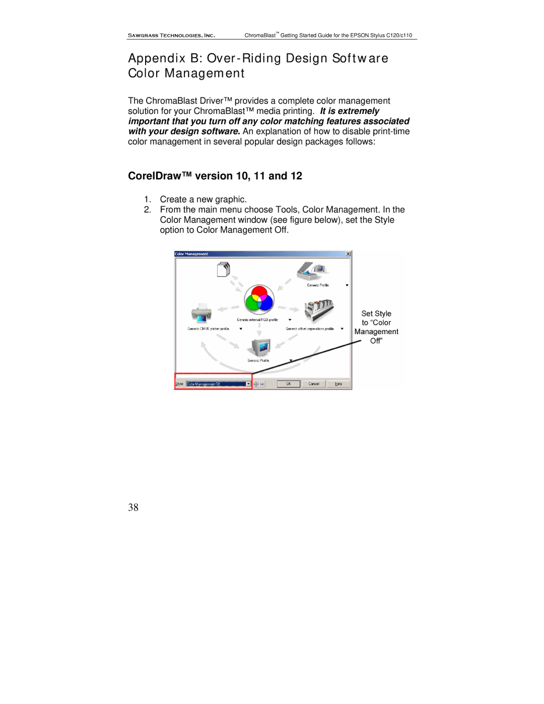 Epson C110, C120 manual Appendix B Over-Riding Design Software Color Management, CorelDraw version 10, 11 