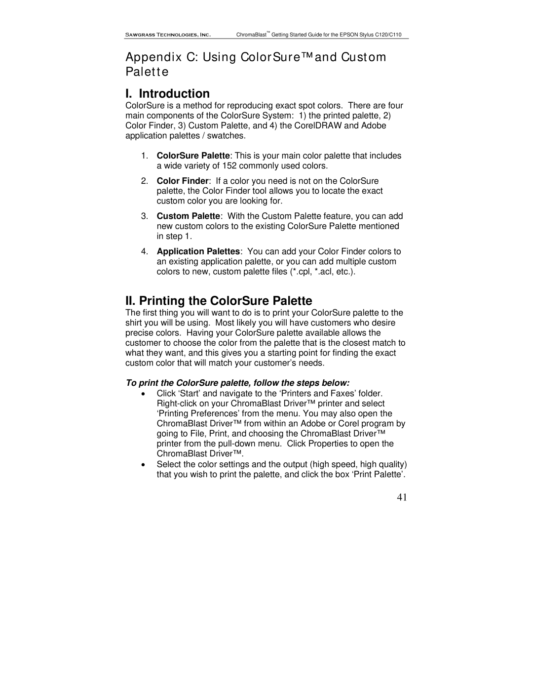 Epson C120, C110 manual Appendix C Using ColorSure and Custom Palette, Introduction, II. Printing the ColorSure Palette 