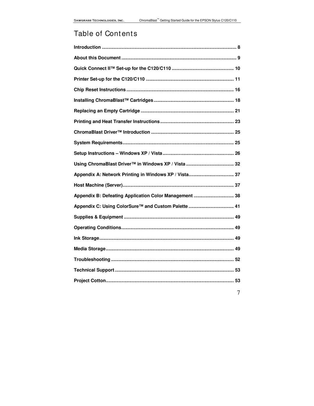 Epson C120, C110 manual Table of Contents 