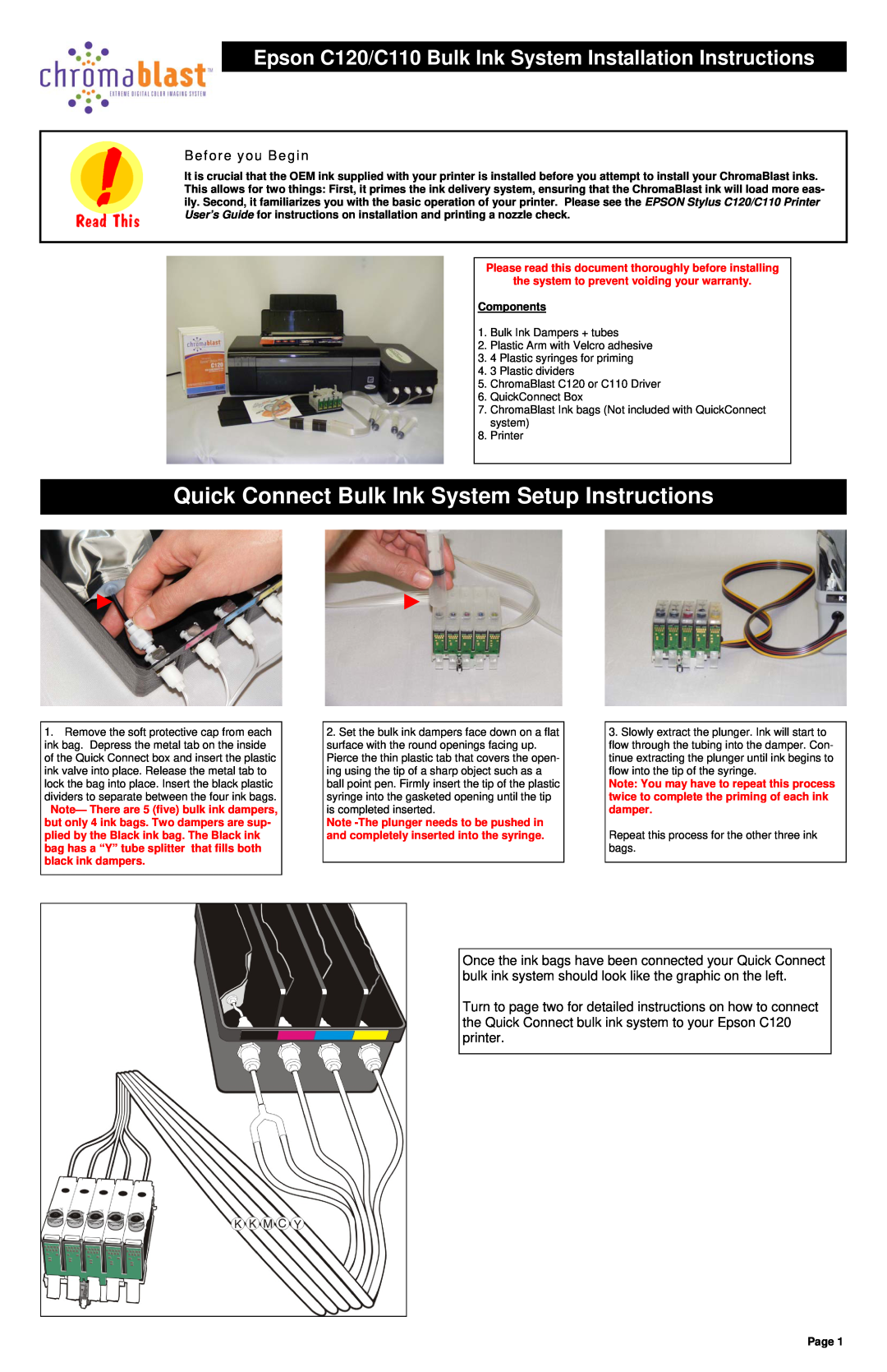 Epson C120 installation instructions Quick Connect Bulk Ink System Setup Instructions, Before you Begin 