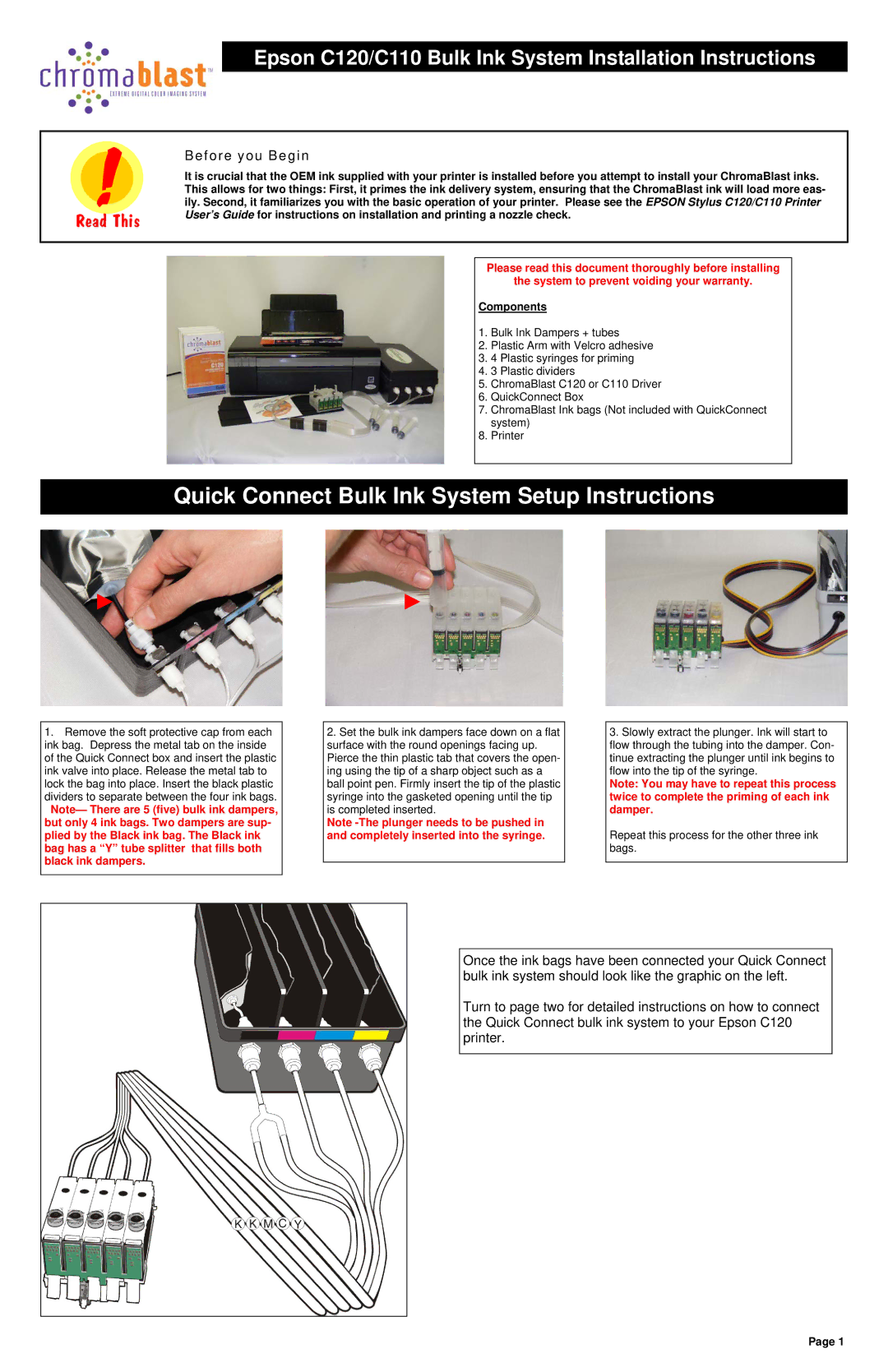 Epson C120 installation instructions Quick Connect Bulk Ink System Setup Instructions, Before you Begin, Components 