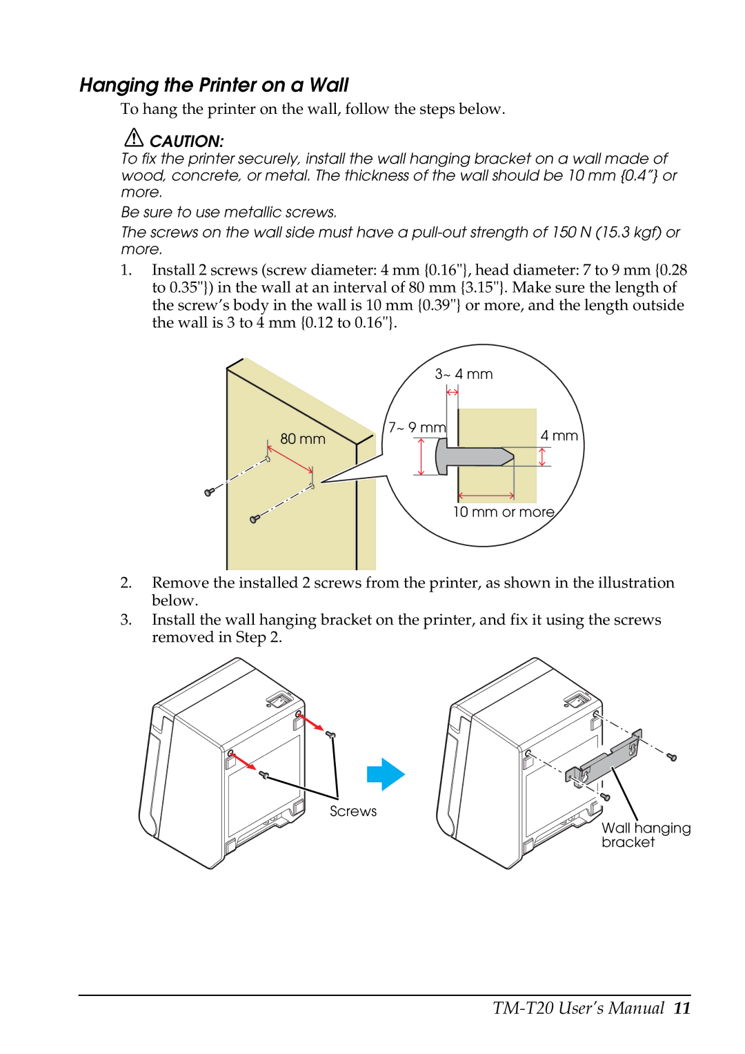 Epson TM-T20, C31CB10061 user manual Hanging the Printer on a Wall, To hang the printer on the wall, follow the steps below 