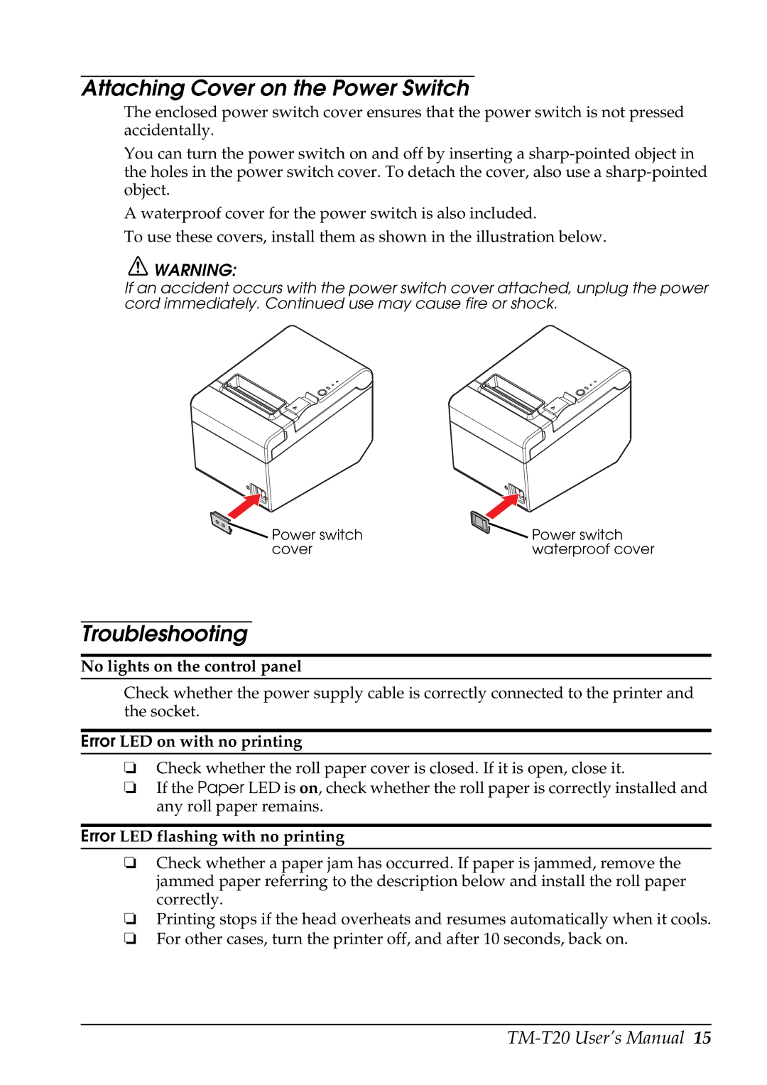 Epson TM-T20, C31CB10061 user manual Attaching Cover on the Power Switch, Troubleshooting 