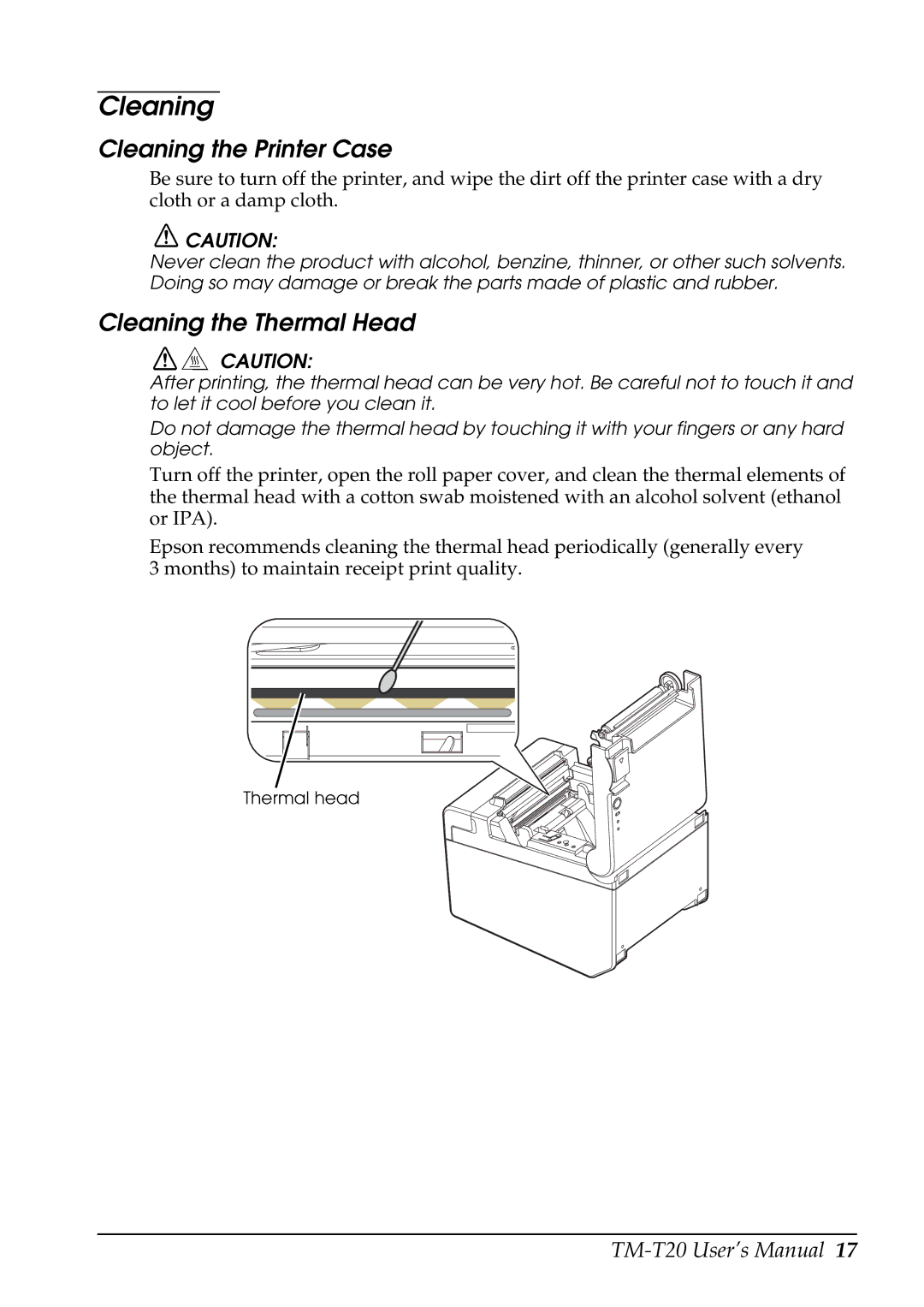 Epson TM-T20, C31CB10061 user manual Cleaning the Printer Case, Cleaning the Thermal Head 