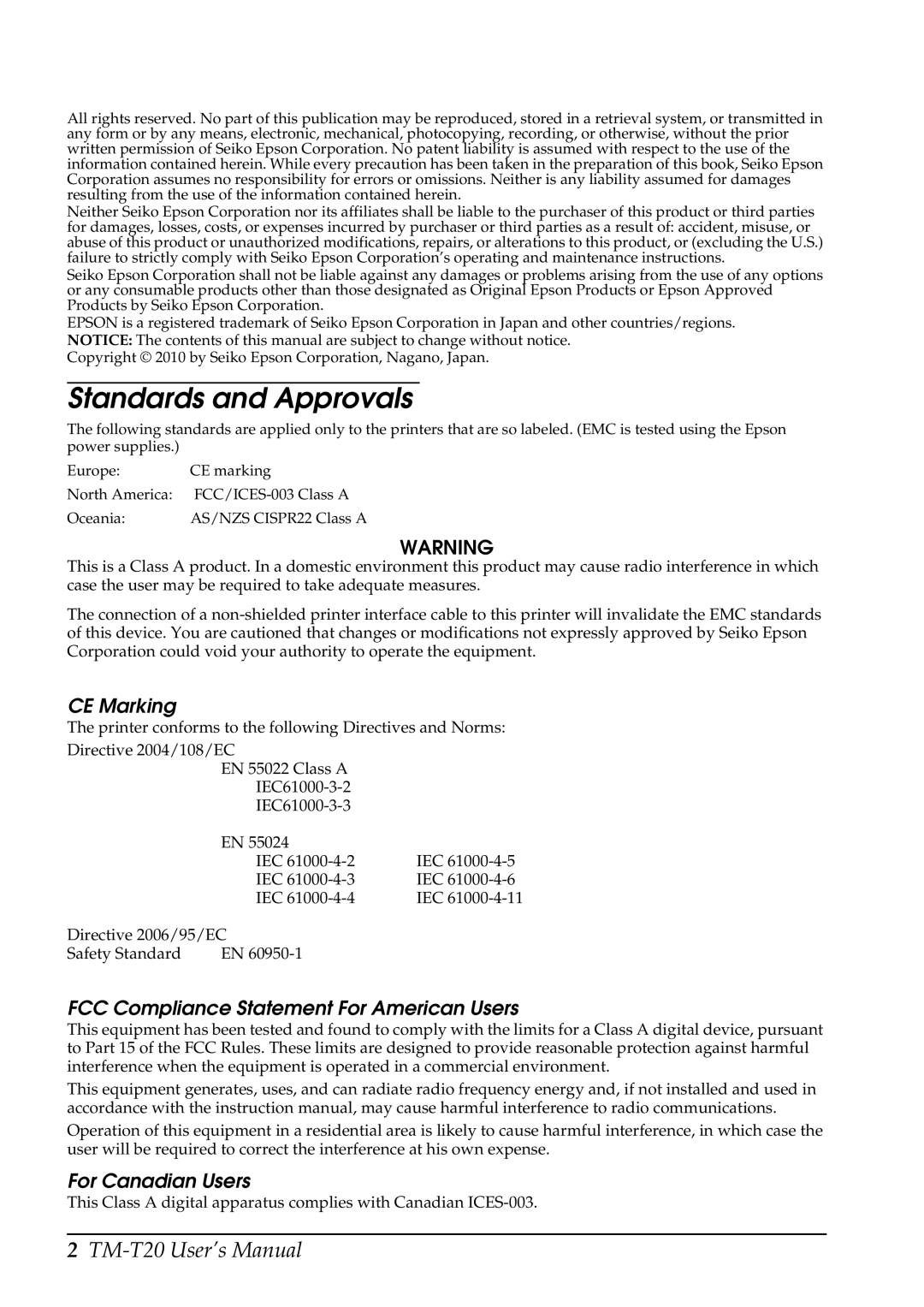 Epson C31CB10061, TM-T20 user manual Standards and Approvals 