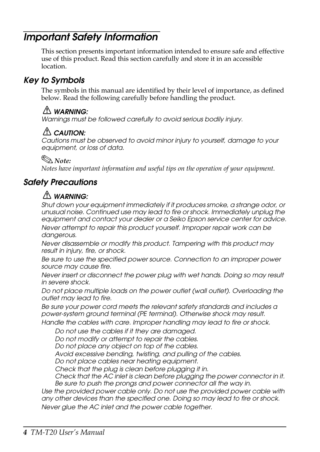 Epson C31CB10061, TM-T20 user manual Key to Symbols, Safety Precautions 