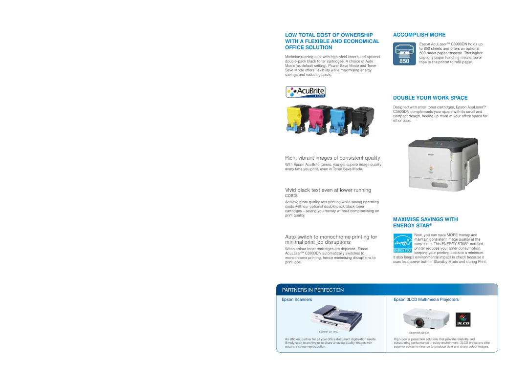 Epson C3900DN specifications Rich, vibrant images of consistent quality, Vivid black text even at lower running costs 