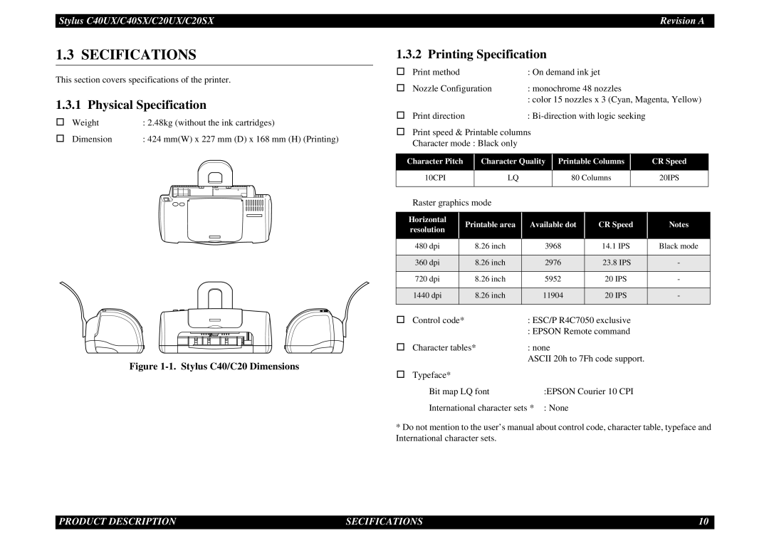 Epson C40UX service manual Physical Specification, Printing Specification, Horizontal Printable area Available dot CR Speed 