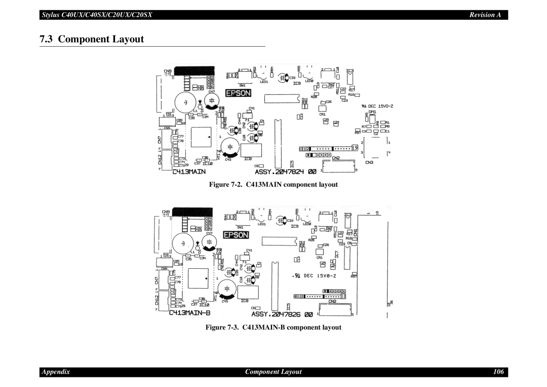 Epson C40UX service manual Component Layout, C413MAIN component layout 