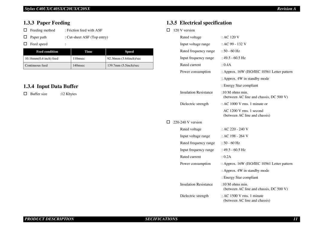 Epson C40UX service manual Paper Feeding, Input Data Buffer, Electrical specification, Feed condition Time Speed 