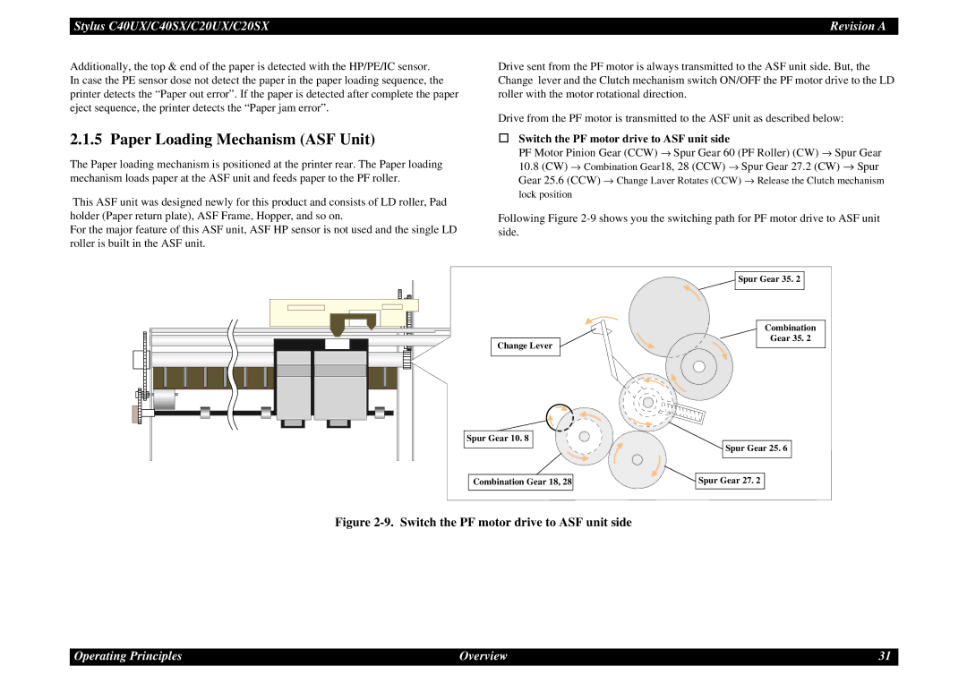 Epson C40UX service manual Paper Loading Mechanism ASF Unit, † Switch the PF motor drive to ASF unit side 