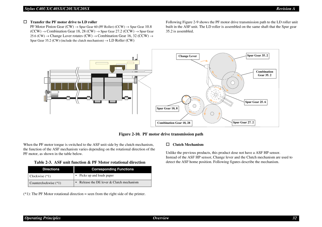 Epson C40UX service manual ASF unit function & PF Motor rotational direction, † Transfer the PF motor drive to LD roller 