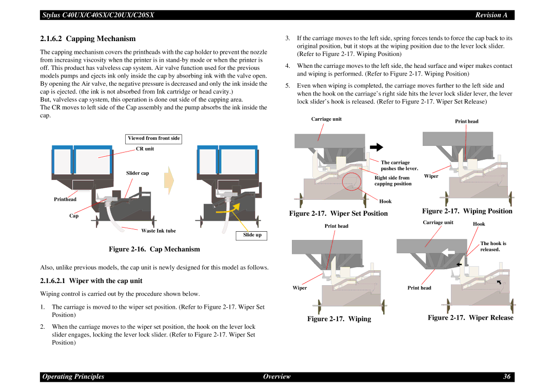 Epson C40UX service manual Cap Mechanism, Wiper with the cap unit 