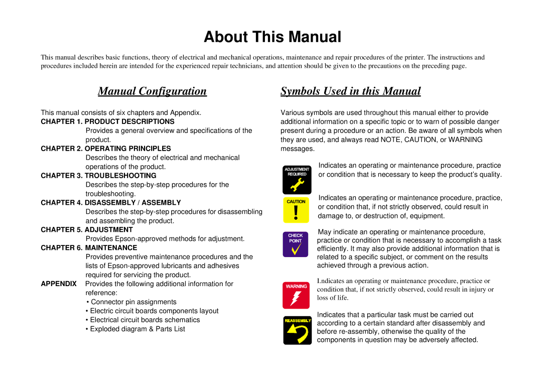 Epson C40UX service manual About This Manual 