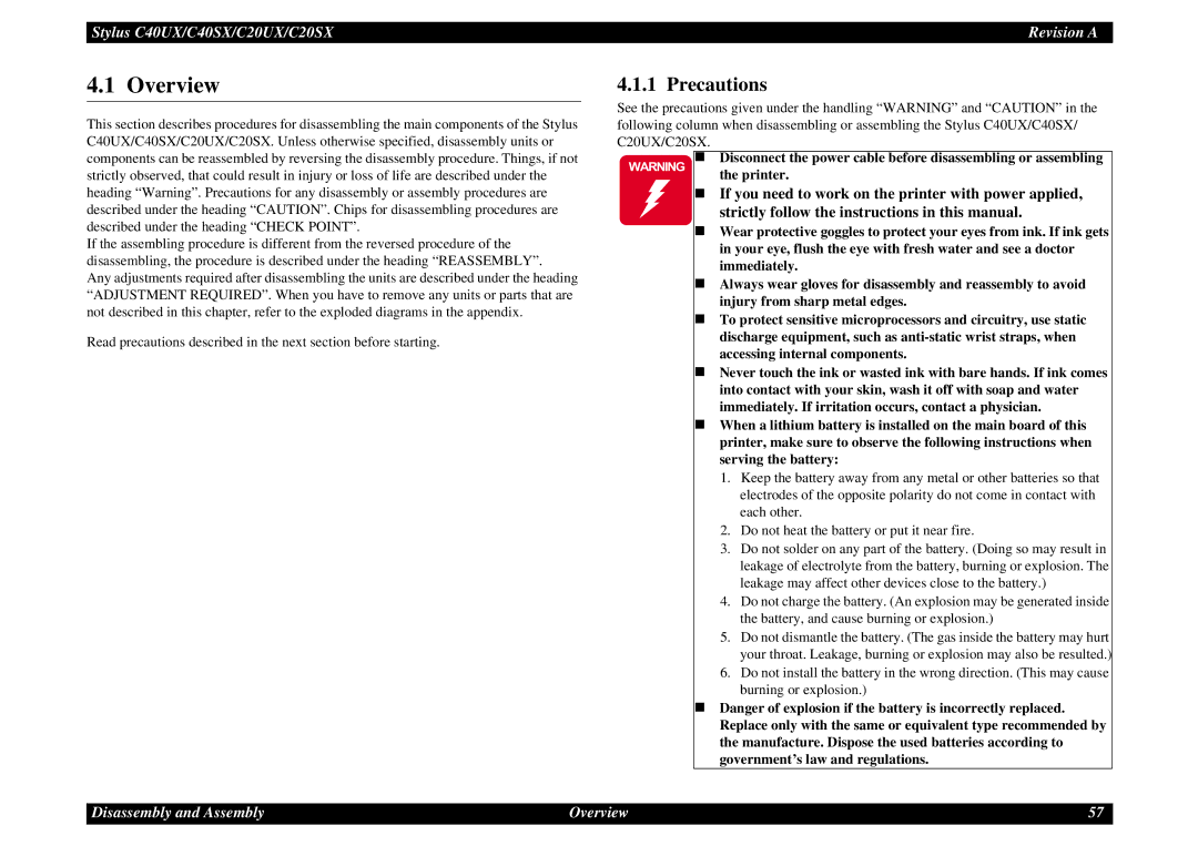 Epson C40UX service manual Precautions, Printer 