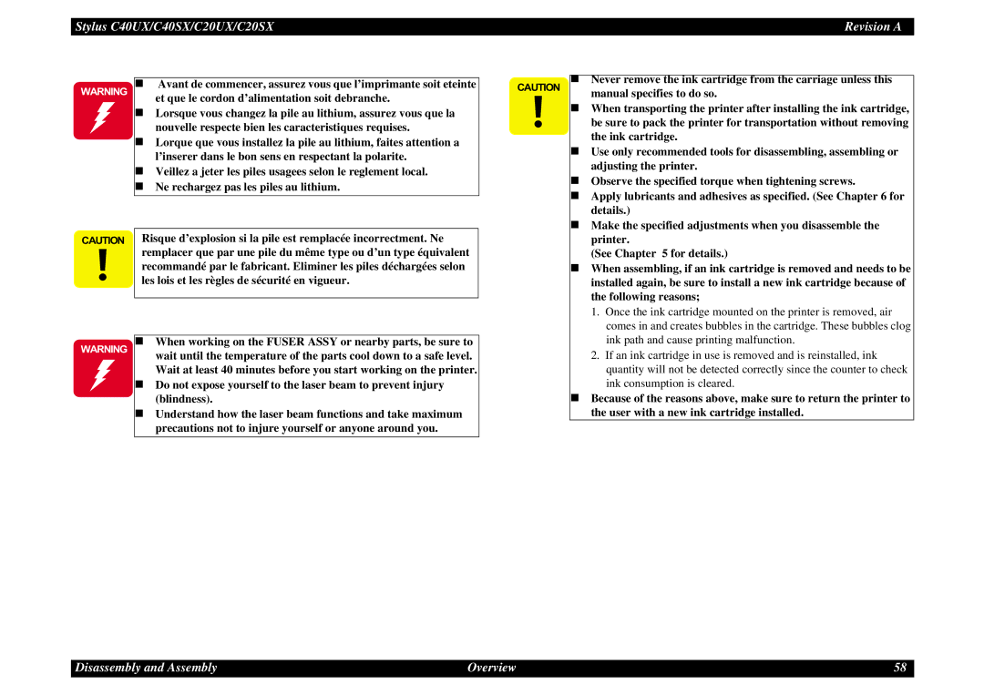 Epson C40UX service manual Et que le cordon d’alimentation soit debranche 