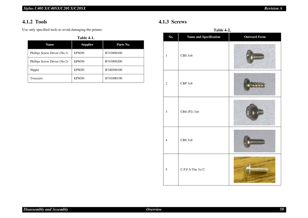 Epson C40UX service manual Tools, Screws, Name Supplier Parts No, Name and Specification Outward Form 