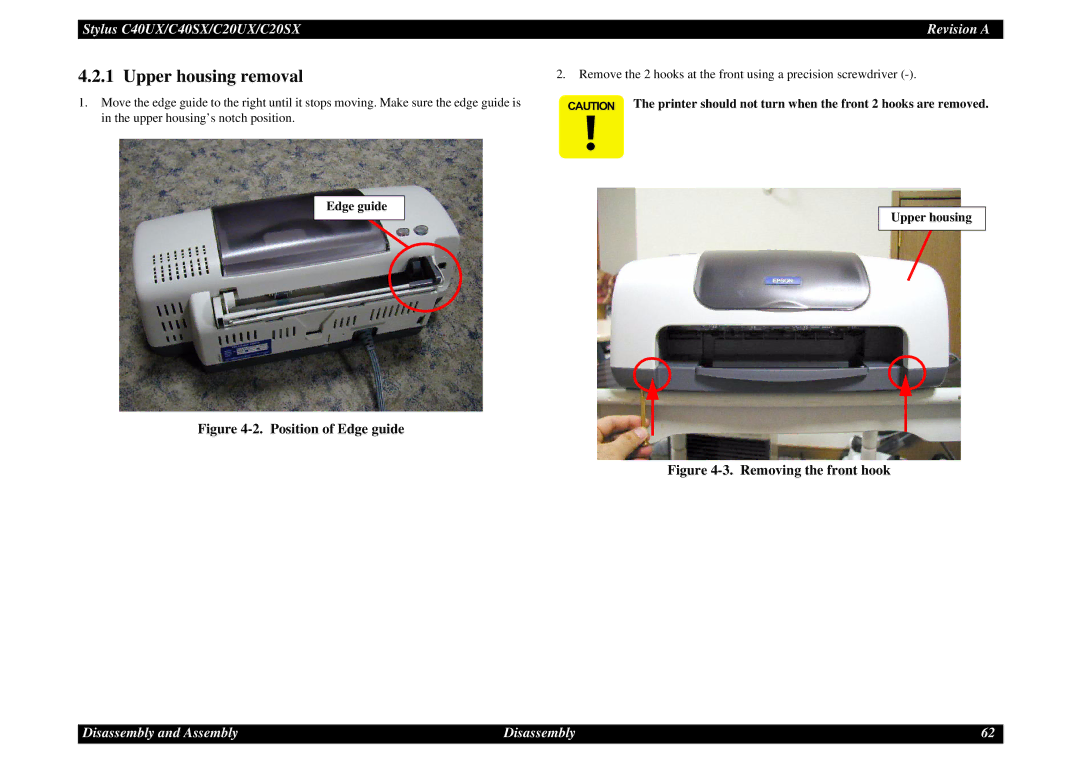 Epson C40UX service manual Upper housing removal, Edge guide 