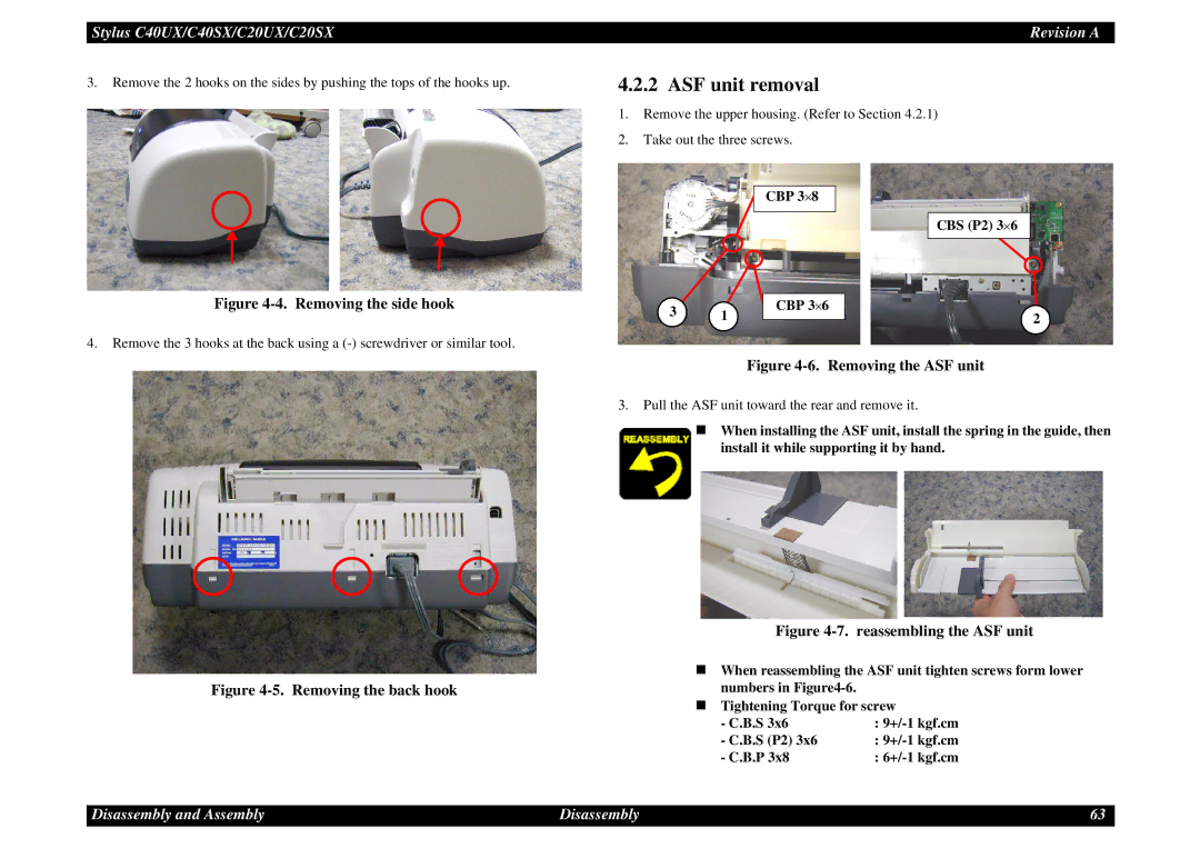 Epson C40UX service manual ASF unit removal, CBP 3⋅ CBS P2 3⋅ 