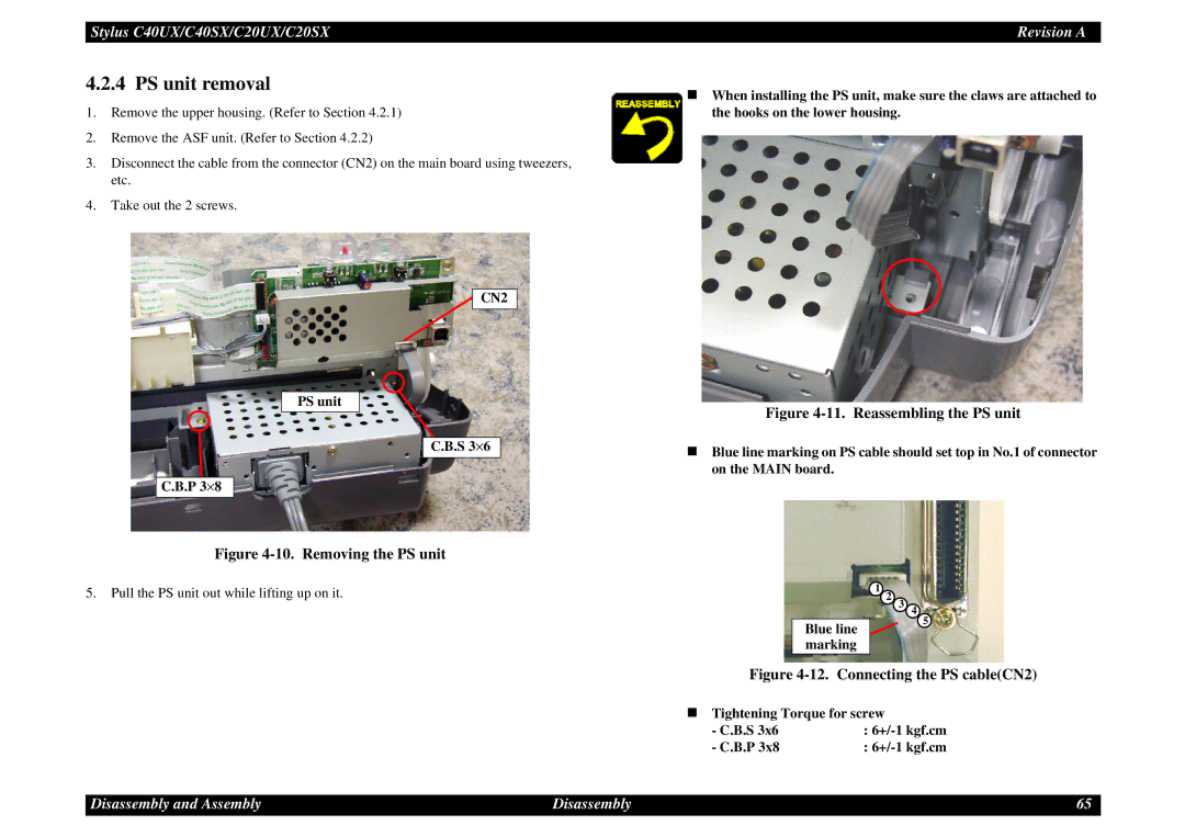 Epson C40UX service manual PS unit removal, CN2 PS unit S 3⋅ P 3⋅, „ Tightening Torque for screw +/-1 kgf.cm 