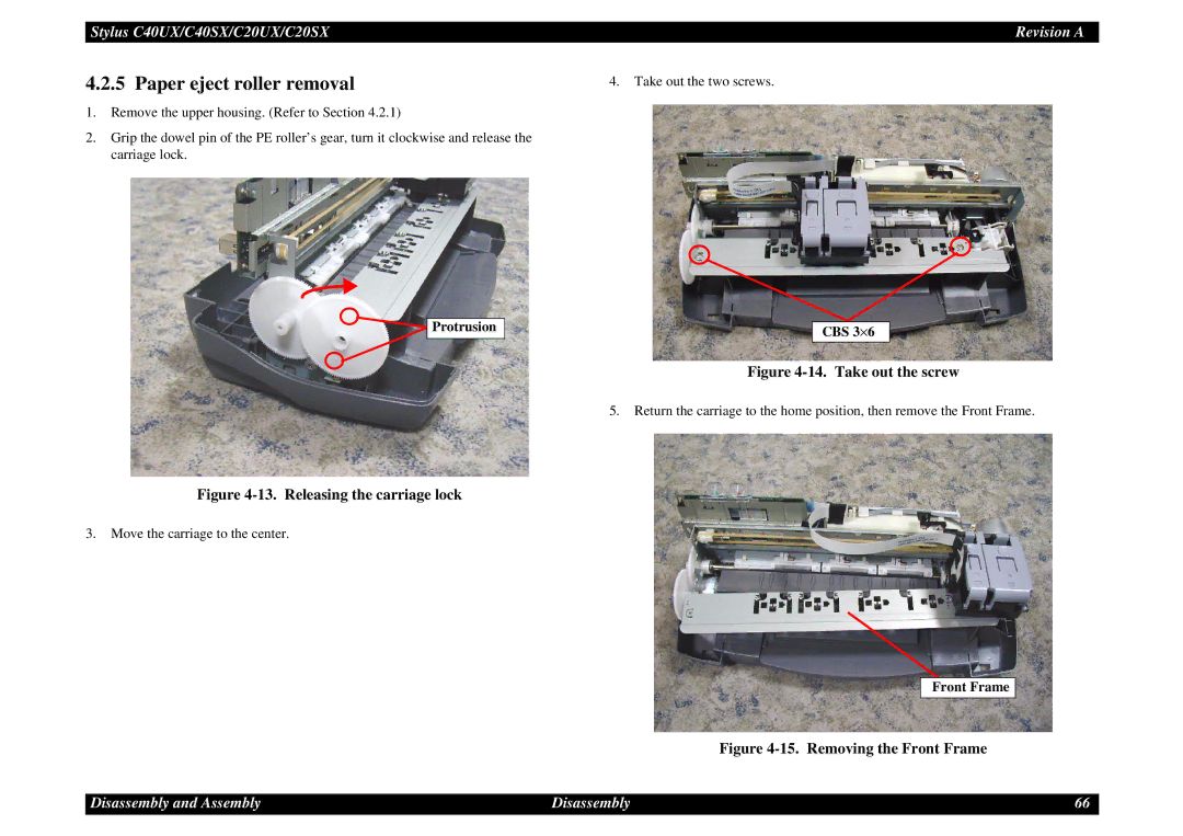 Epson C40UX service manual Paper eject roller removal, Protrusion, CBS 3⋅, Front Frame 