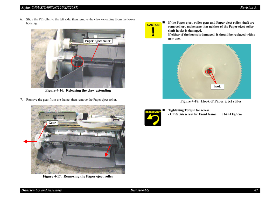 Epson C40UX service manual Paper Eject roller, Gear 