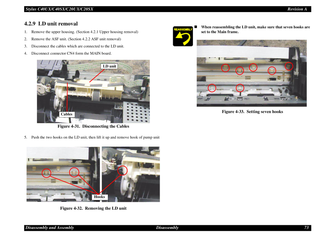 Epson C40UX service manual LD unit removal, LD unit Cables 