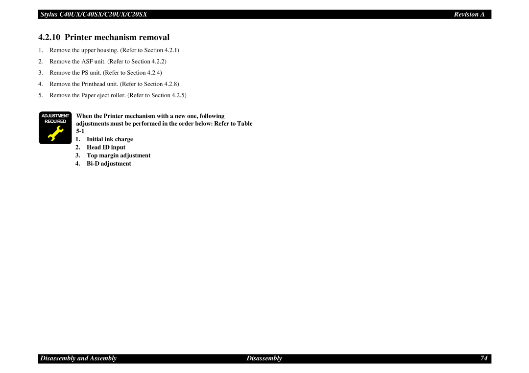 Epson C40UX service manual Printer mechanism removal 