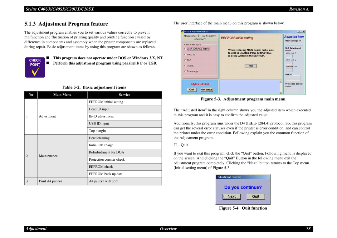 Epson C40UX service manual Adjustment Program feature, Basic adjustment items, Main Menu Service 