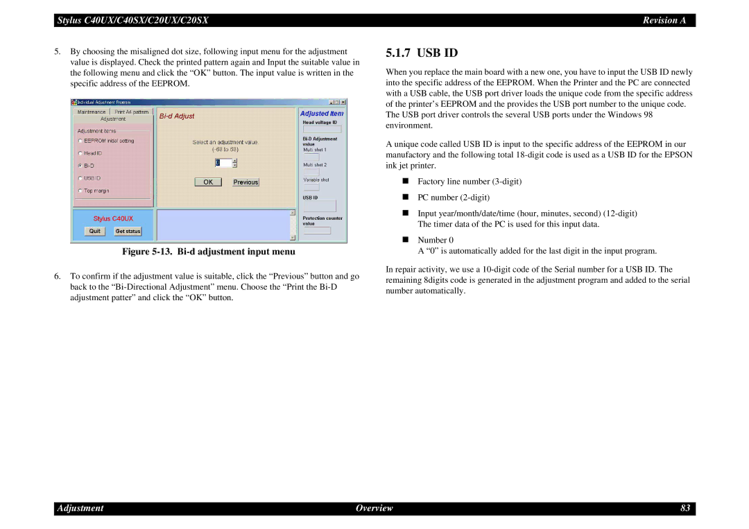 Epson C40UX service manual Usb Id, Bi-d adjustment input menu 