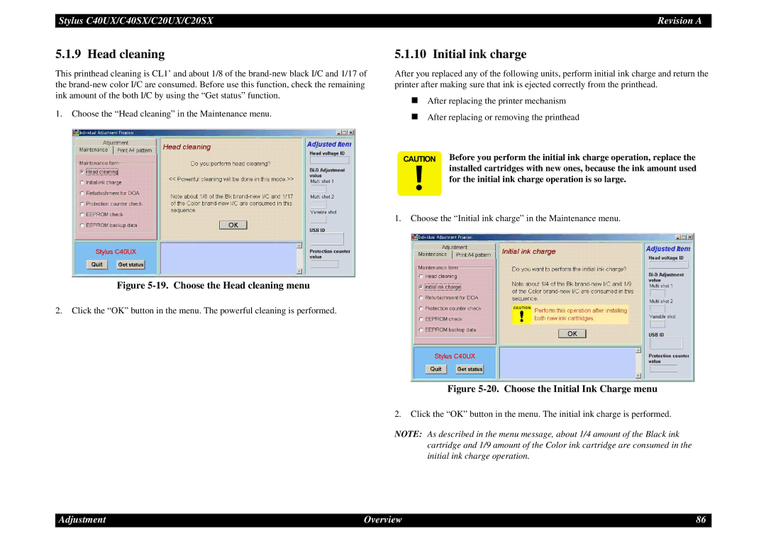 Epson C40UX service manual Head cleaning, Initial ink charge, For the initial ink charge operation is so large 
