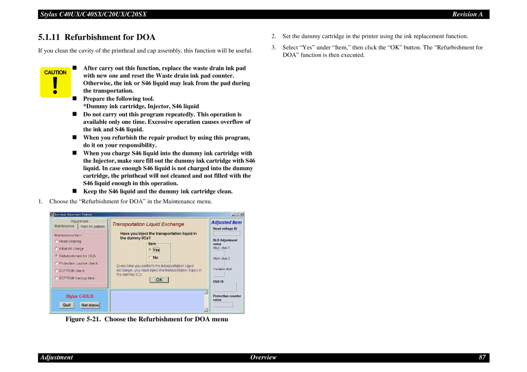 Epson C40UX service manual Choose the Refurbishment for DOA menu 