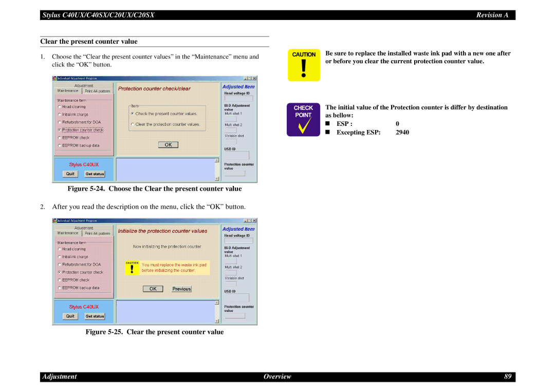 Epson C40UX service manual Clear the present counter value, Excepting ESP 