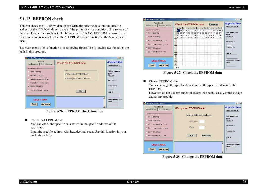 Epson C40UX service manual Eepron check, Eeprom check function 