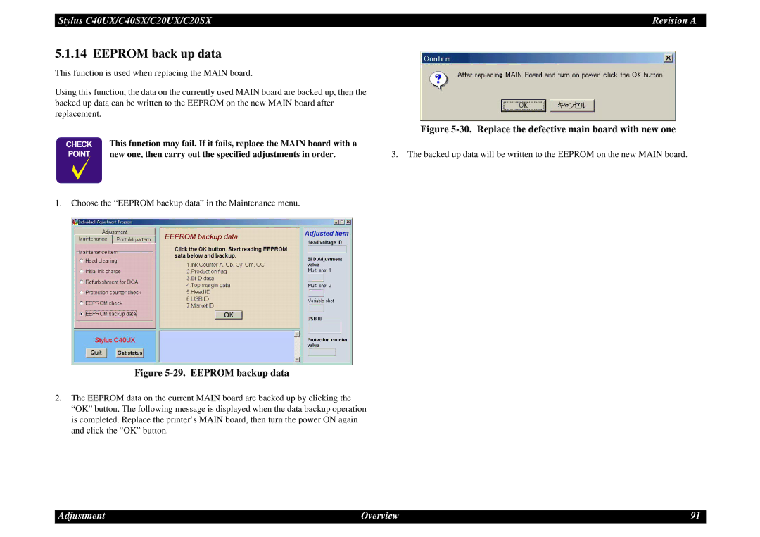 Epson C40UX service manual Eeprom back up data, Eeprom backup data 