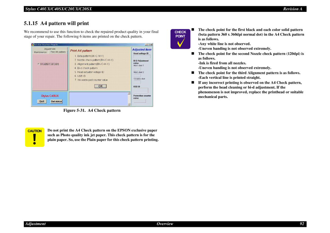 Epson C40UX service manual 15 A4 pattern will print, 31. A4 Check pattern 