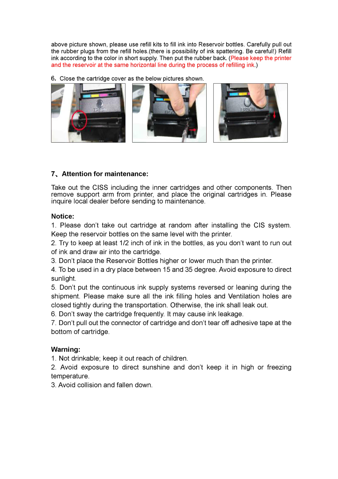 Epson c58 manual 、Attention for maintenance 