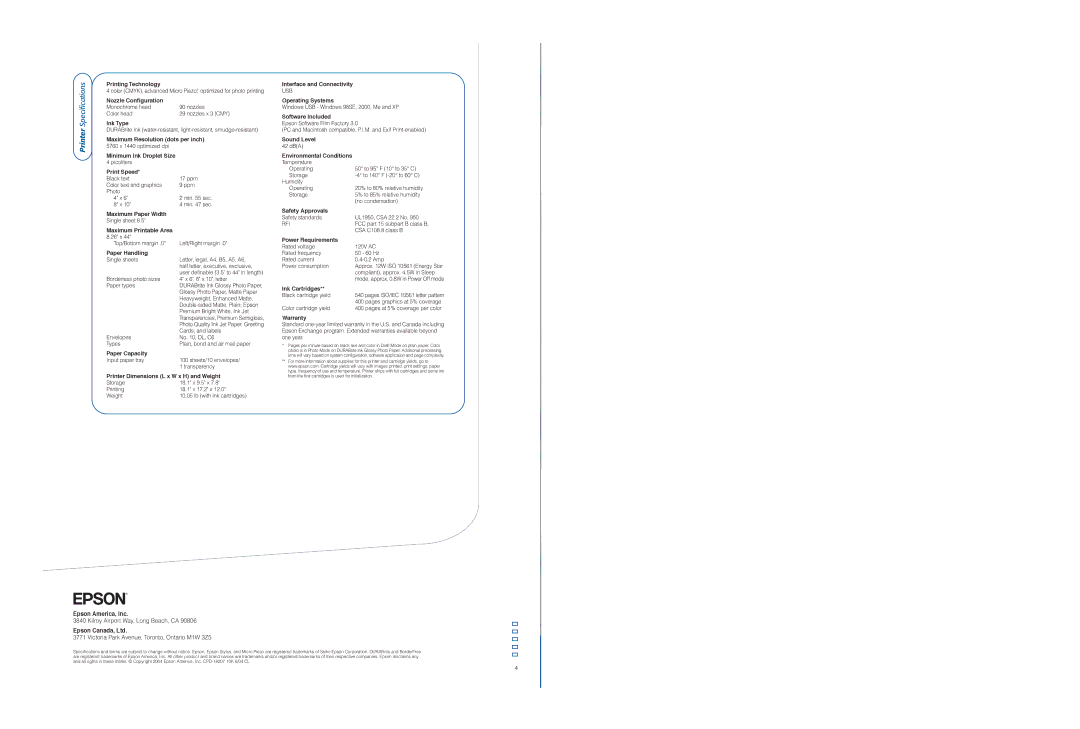 Epson C66 specifications Printer Specifications 