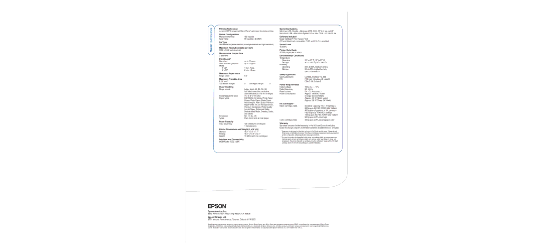 Epson C86 Printing Technology, Nozzle Configuration, Ink Type, Maximum Resolution dots per inch, Minimum Ink Droplet Size 